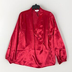 Calvin Klein Women's Satin Blouse Plus Size 2X Red Wrap Front V-Neck NWT $89